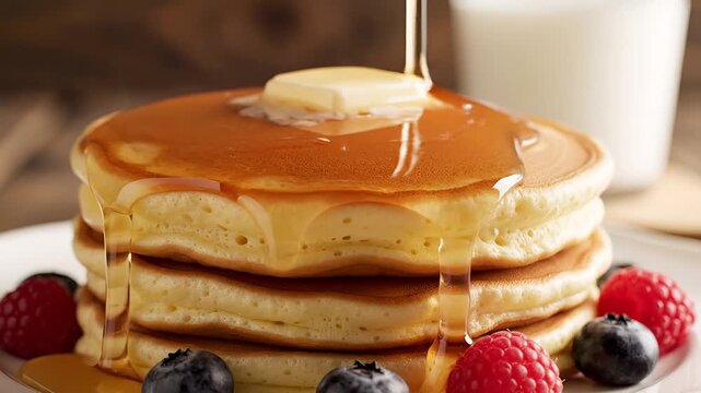 Delicious Stack of Pancakes with Butter and Syrup and Berries.