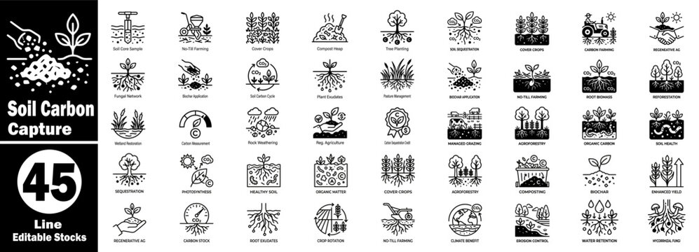 Soil carbon capture line editable stock icons. Featuring agriculture and environmental science research and development.