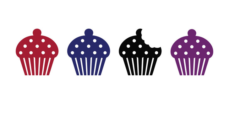 Four cupcakes with different colored frosting and patterns