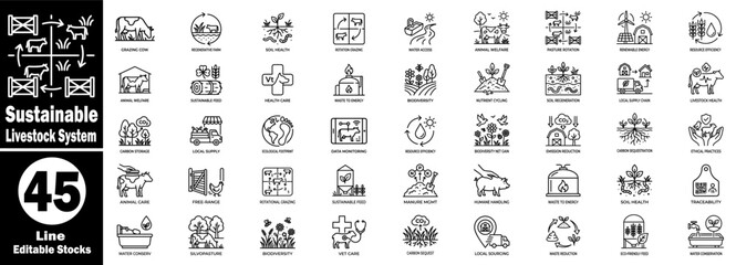 Sustainable livestock system line icons set. Featuring animal husbandry, farm management, and agricultural green technology. © Hafiz