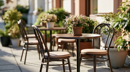 Obraz premium Charming outdoor café scene with metal chairs and potted flowers in sunlight