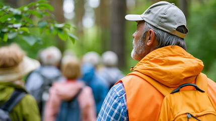 Obraz premium Rear view of a group of seniors being guided by a volunteer leader in a forest eco project, senior eco volunteer concept, forest group photography, eco community service