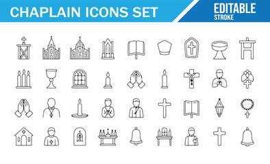Fototapeta premium Chaplain Line Icons Set with Church, Cross, Bible, Prayer, Priest, Candle, Religion, Worship, Spiritual Care and Faith Symbols