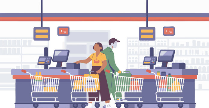 People at supermarket checkout counters with shopping carts, flat vector illustration isolated on transparent background design