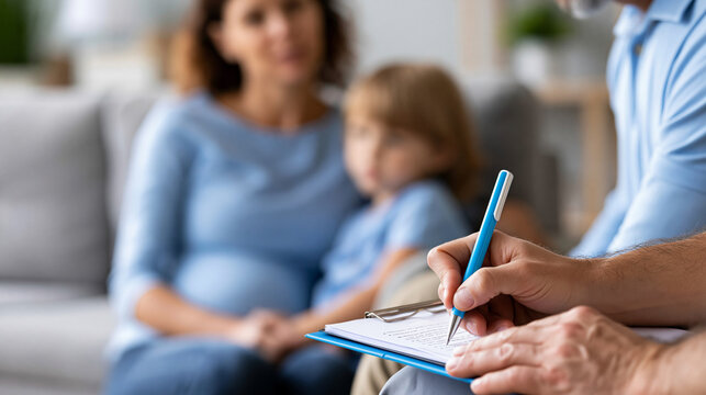 Close-up of a social worker's hands writing notes while consulting a single mother with a child, family social services concept, consultation documentation photography, family
