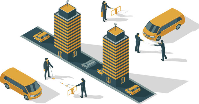 Isometric business merger scene featuring office buildings and transport, isolated on transparent background for professional use