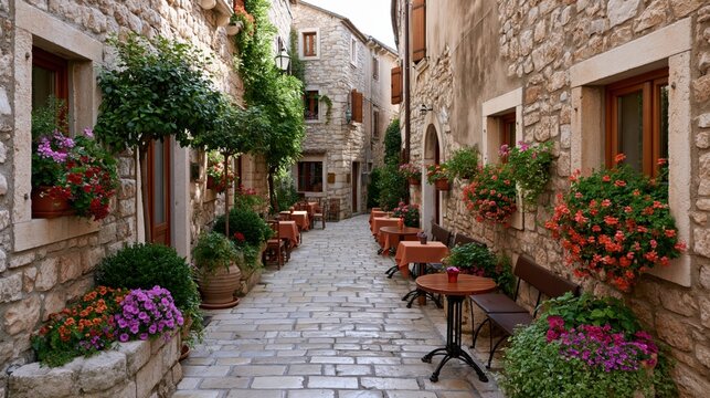 Charming European alleyway with stone buildings and outdoor cafe seating