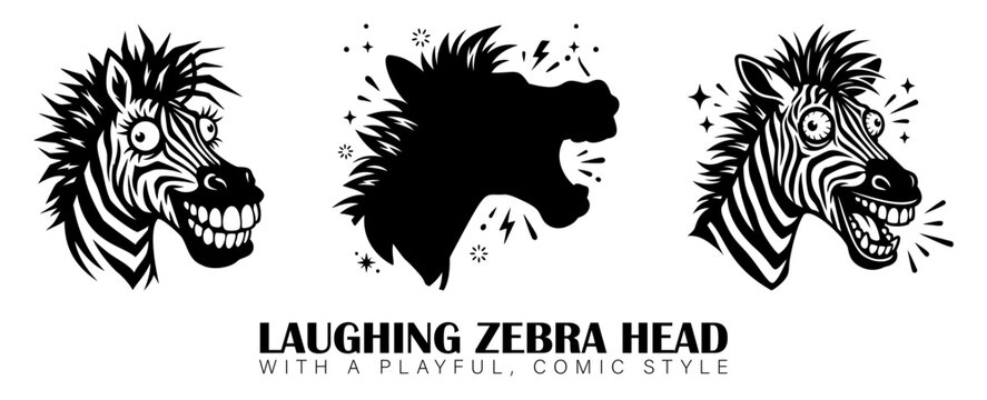 Three laughing zebra heads one silhouette expressive faces with graphic resource laughing laughter wildlife