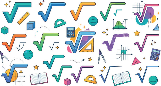Square Root Mathematics Symbol Collection Vector Illustration with Geometry Tools, Algebra Elements, and Educational Calculation Design Graphics