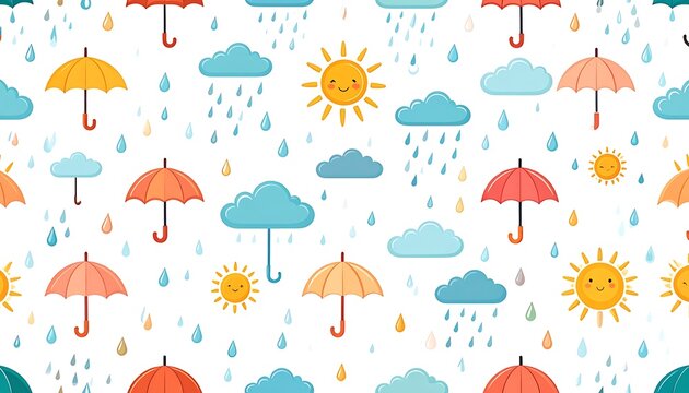 Seamless pixel art pattern with cartoon suns, clouds, umbrellas, and rain drops, cheerful weather illustration, playful design elements