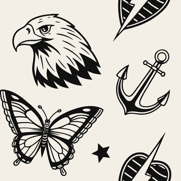 traditional tattoo style icons featuring eagle butterfly and anchor