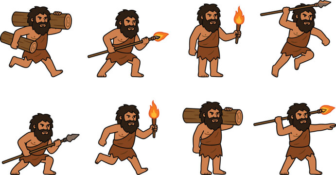 Primitive Caveman Character Collection Vector Illustration with Stone Age Hunters, Torches, Spears, and Prehistoric Human Lifestyle Elements