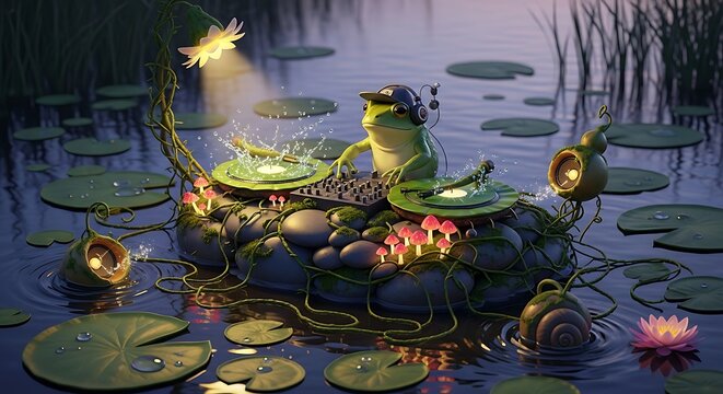 Whimsical Frog Dj Performing on Lily Pad Stage in Moonlit Pond