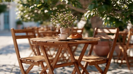 Obraz premium Cozy outdoor cafe terrace with wooden tables and chairs bathed in sunlight