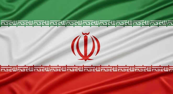 Waving Iranian National Flag with Red Emblem on White Background