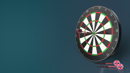 Dart hitting the center of a dartboard bullseye target with British UK flights © NS-Mystic