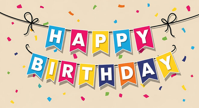 Colorful happy birthday banner with confetti on beige background