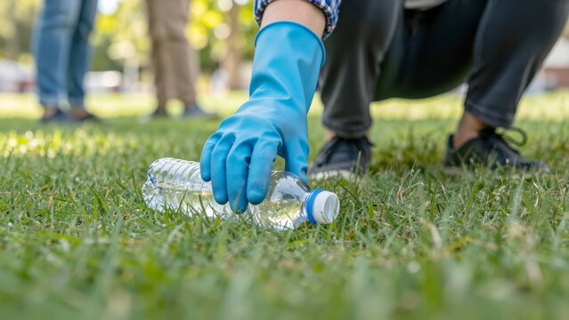 Volunteer cleaning up plastic bottle from green grass, preserving nature