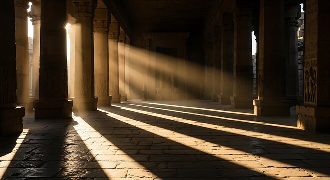 Sun rays streaming through ancient stone pillars inside a historic temple