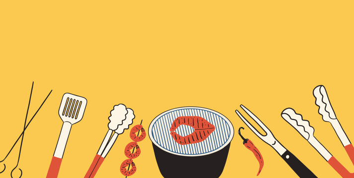 Yellow horisontal background with empty space and barbecue grill. Vector illustration