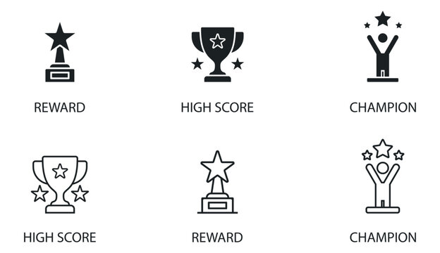 Vector icon set of success and achievement. Includes solid glyph and outline linear symbols for reward trophies, high score cups, and winner champions.