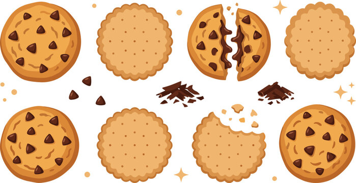 Chocolate Chip and Plain Cookie Vector Set Featuring Whole, Broken, and Bite Cookies for Websites, Apps, Bakery, Snack, and Digital Designs
