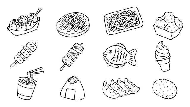 Japanese street food vector set with cute hand drawn line art snacks, takoyaki, okonomiyaki, noodles, skewers, taiyaki, onigiri, gyoza, rice cracker and soft serve for coloring book designs, menu art.