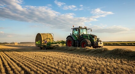 Fototapeta premium Green Tractor Baling Hay in Golden Harvest Field at Sunset