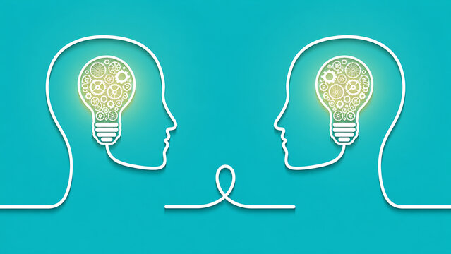 Two human heads in profile facing each other with glowing light bulbs inside representing ideas and innovation