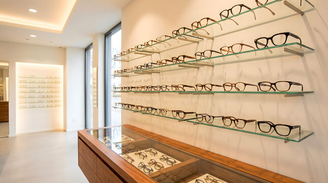 Eyeglasses displayed on shelves and in a display case inside an optical store