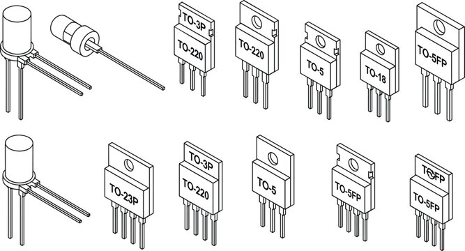Semiconductor transistor vector illustration set featuring electronic components integrated circuits and industrial microelectronics engineering applications
