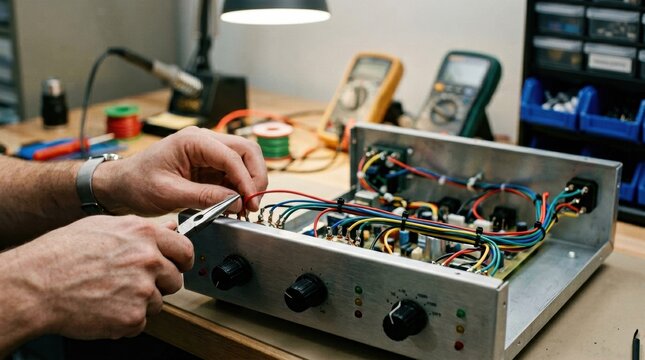 Medium shot of hands routing colorful wires to secure frontpanel knobs on a function generator highlighting precise wiring techniques and electronic control assembly.