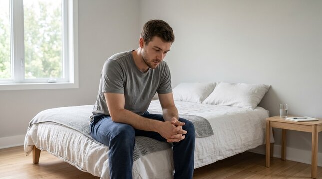 Young pensive man sitting on the edge of a bed in a bright minimalist room