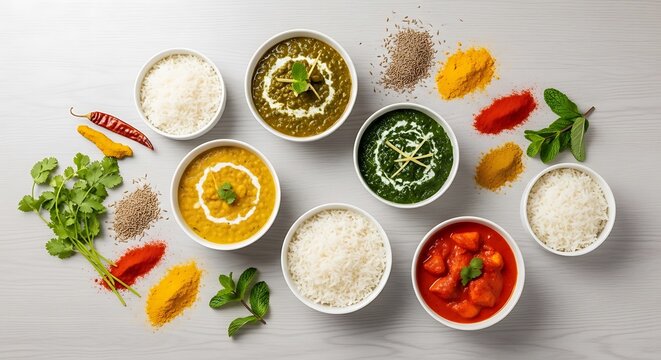 Top view of assorted Indian curry bowls with basmati rice and spices