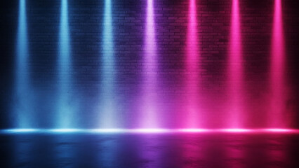 Vertical beams of blue and pink neon light shining down against a dark textured brick wall surface with a reflective floor in a dimly lit room setting © VxGFX