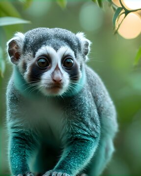 A blue pygmy slow loris  fantasy animal, fictional species in a forest