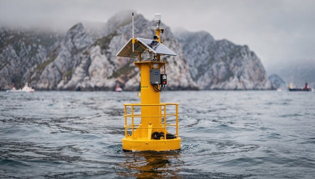 Medium shot of a solarpowered buoy equipped with GPS and AIS transceiver floating steadily near a rugged coastal shoreline guiding maritime traffic safely.