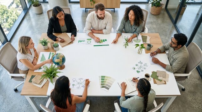 Diverse business team collaborating on sustainable ESG eco strategy in modern office meeting