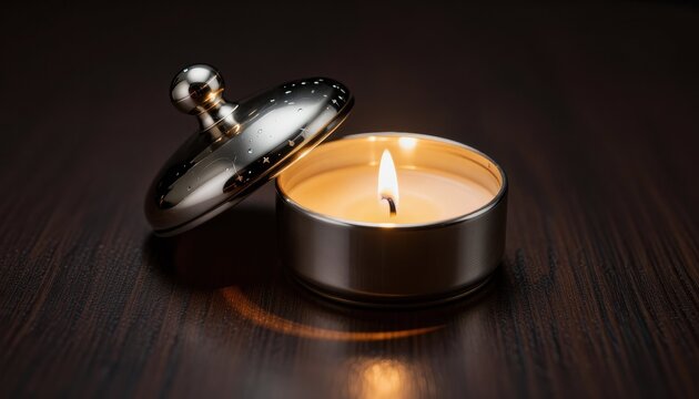 Lighting a scented candle on a dark wooden table interior decor still life warm atmosphere close-up view