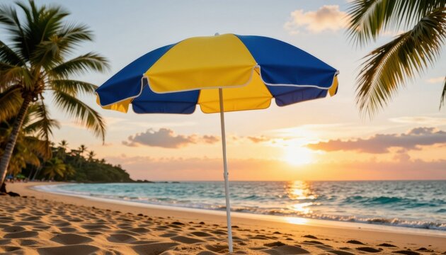Relaxing beach sunset scene with colorful umbrella tropical shoreline photography serene environment wide angle view summer vibe