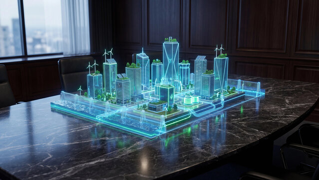 Futuristic holographic smart city model on marble boardroom table with skyscrapers wind turbines solar panels and green spaces showcasing sustainable urban development and modern technology concept