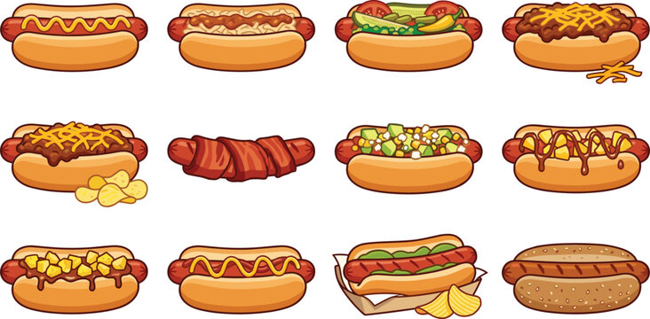 Hot Dog Vector Set Featuring Various Hot Dogs with Different Toppings Including Cheese, Chili, Vegetables, Sauces, and Specialty Flavors for Fast Food, Snack, and Meal Illustrations