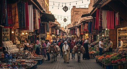 Naklejka premium Traditional bazaar street scene with donkeys and shoppers in Middle East
