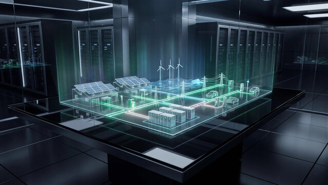 Futuristic data center server room with holographic smart grid model showing houses solar panels wind turbines battery storage and electric vehicles connected by sustainable renewable energy network