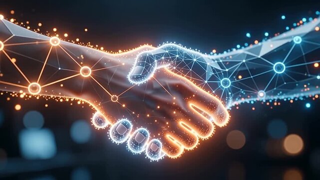 Glowing digital handshake collaboration, successful business connection, innovative partnership with excited optimistic