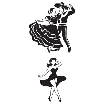 Mexican folk dancers couple and retro pin up girl dancing vector