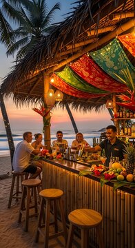 Relaxed Friends Enjoying Drinks at Colorful Tropical Beach Bar at Sunset