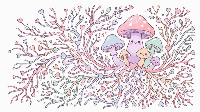 Cute hand drawn illustration of kawaii mushrooms with intricate root system.