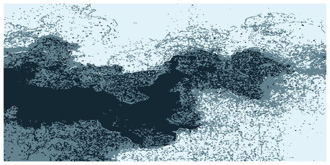 A black silhouette of a man stands against an abstract background of cold blue water and frozen ice textures with fresh ocean waves and splashing foam © Md