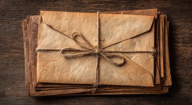 Stack of aged, tied envelopes sits on a rustic wooden surface